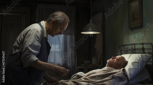 Doctor helping patient at home on death bed. photo