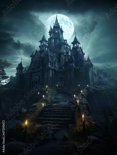 Fairytale haunted house on hill on night with full moon. AI