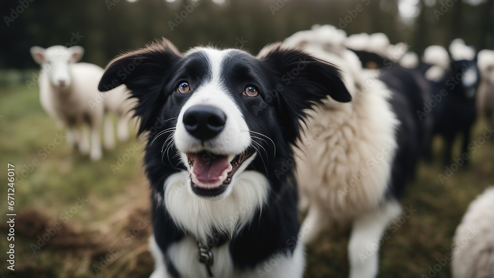 happy and smiling border collie sheepdog inside the sheeps blurred in the background
