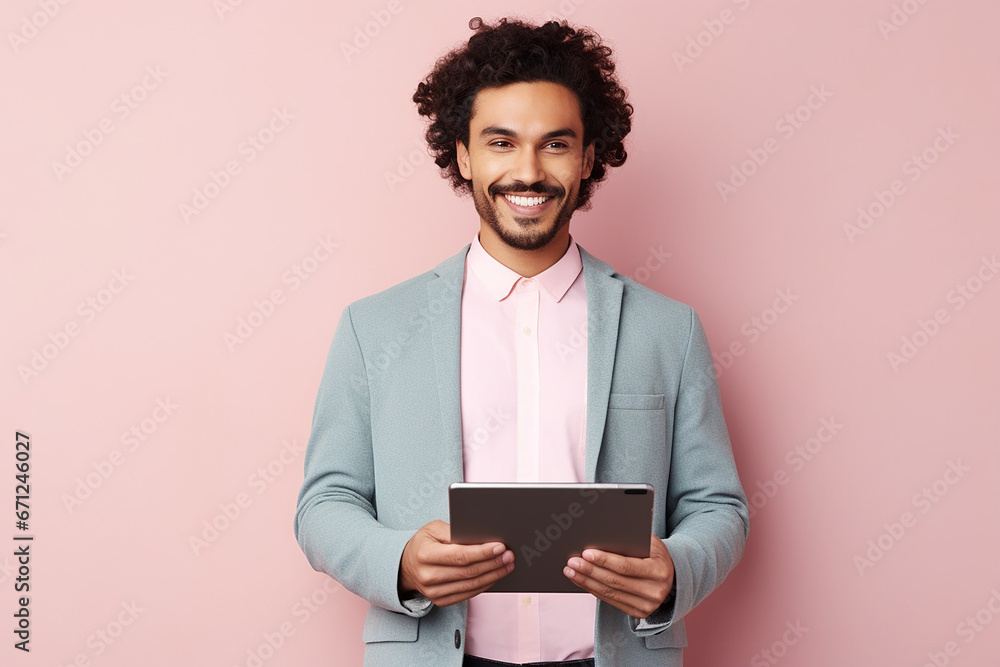 Content Male Freelancer Holding Digital Tablet, Pastel Background Content Male Freelancer Holding Digital Tablet, Pastel Background