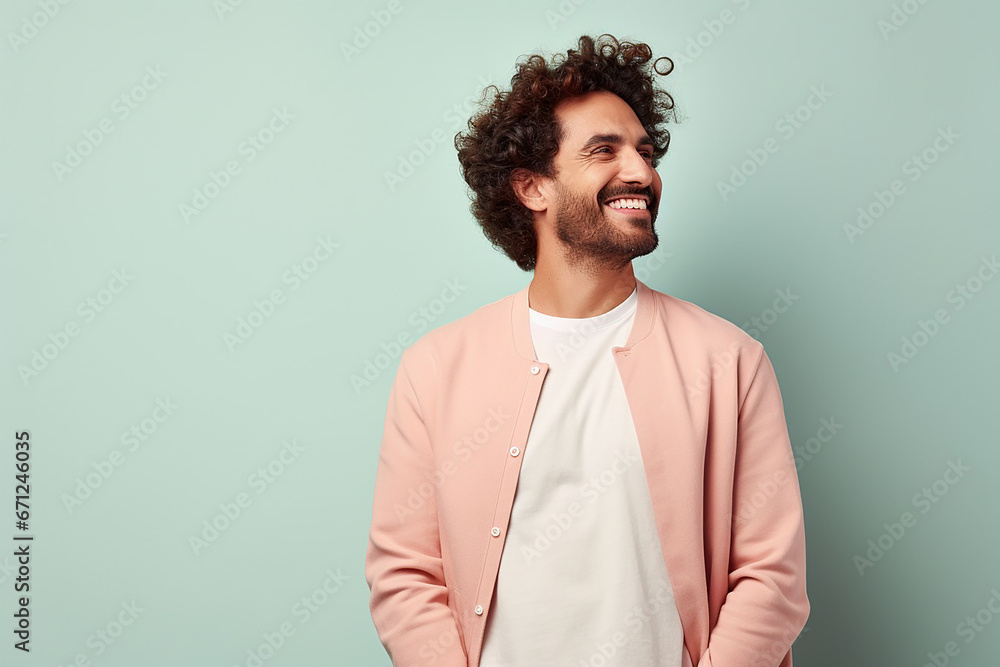 Obraz premium Content Male Freelancer Holding Digital Tablet, Pastel Background