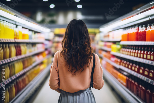 Compra de Comestibles: Mujer Joven en la Sección de Bebidas de un Supermercado photo