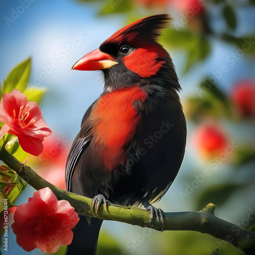 Pájaro rojo y negro posado en la rama de un árbol cerca de algunas flores photo