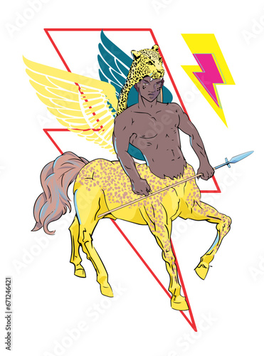 vector illustration of a winged black centaur with thunder and rainbow symbol. Design for t-shirts about gay pride	