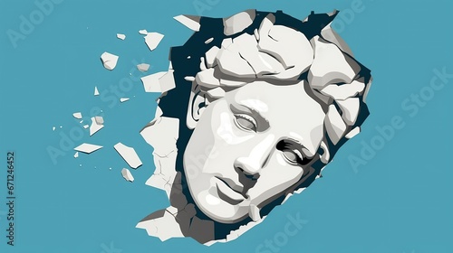 Classical style marble head sculpture seen through a hole in the wall. The concept of depression. Illustration for cover, card, postcard, interior design, banner, poster, brochure or presentation.