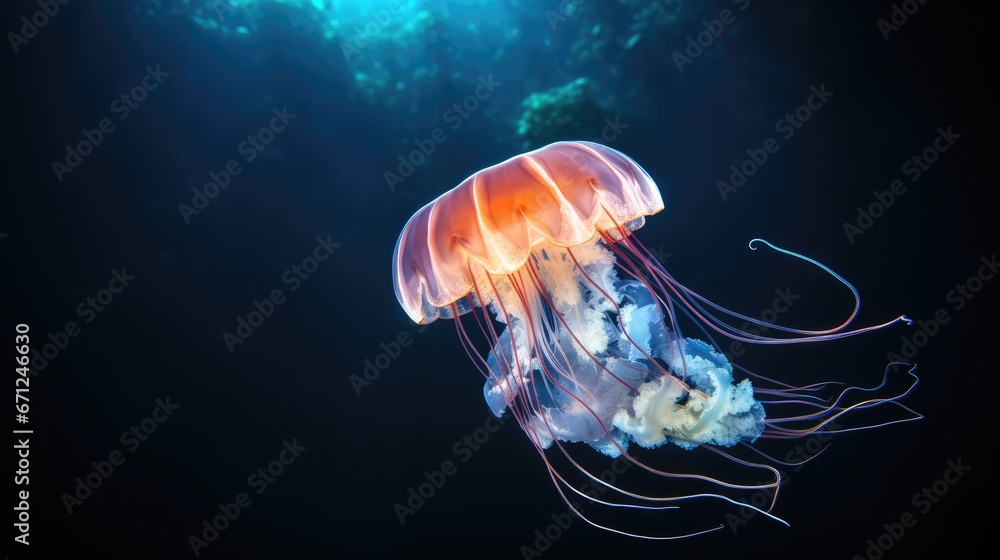 Jellyfish swimming in the sea. Dark blue depth of the ocean, view from under the water. Illustration of sun rays underwater. Illustration for banner, poster, cover, brochure or presentation.