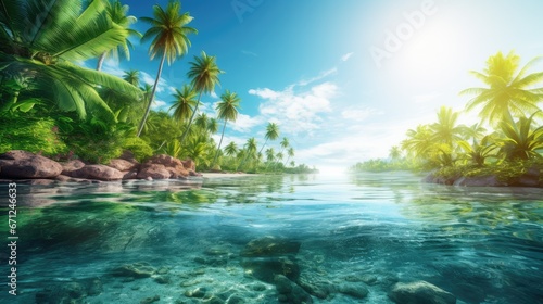 Separation of the image above and below the surface of the sea. Tropical islands and blue sky on the horizon. Sea stones lying on the sand under clear water. Illustration for cover, interior design.