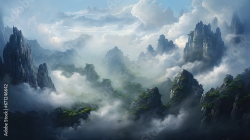  a painting of a mountain landscape with clouds and trees in the foreground and a blue sky with white clouds in the background. generative ai