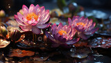 Tranquil scene of a single purple lotus floating on water generated by AI