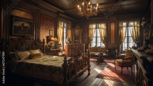 Victorian Bedroom with Ornate Bed, Wallpaper, and Chandelier Illuminated by Soft Sunlight Through Curtained Windows, Wooden Floor with Red Rugs, and Glossy Dark Wood Coffered Ceiling photo