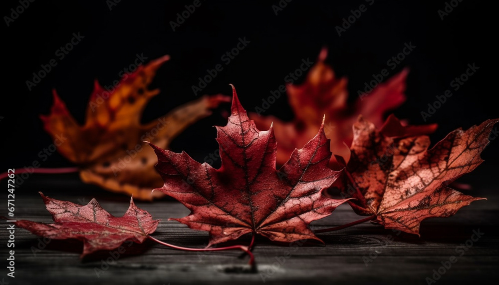 Vibrant autumn maple leaf on dark black backdrop, macro close up generated by AI Vibrant autumn maple leaf on dark black backdrop, macro close up generated by AI