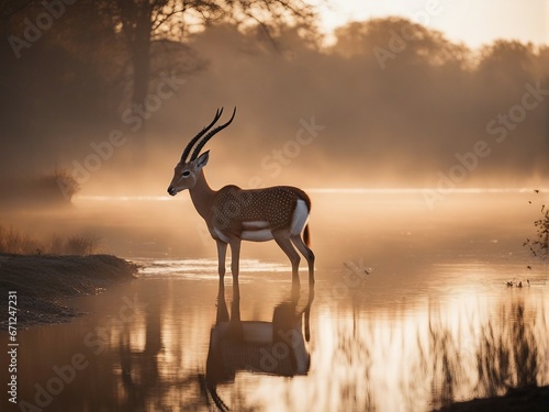 gazelle drinking from a foggy and cloudy river at sunrise