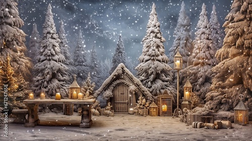 Christmas scene with wooden houses, Christmas trees and lanterns during snowfall. Christmas nativity scene in a snowy forest.