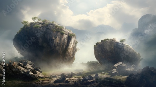  a digital painting of two large rocks in the middle of a field with grass growing on top of one of them. generative ai