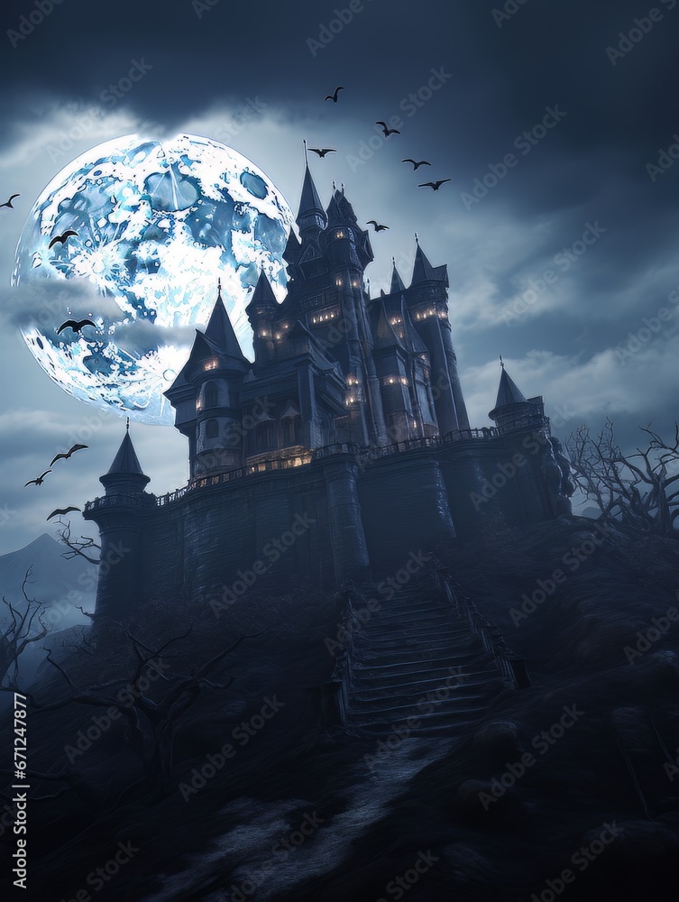 Fairytale haunted house on hill on night with full moon. AI Fairytale haunted house on hill on night with full moon. AI