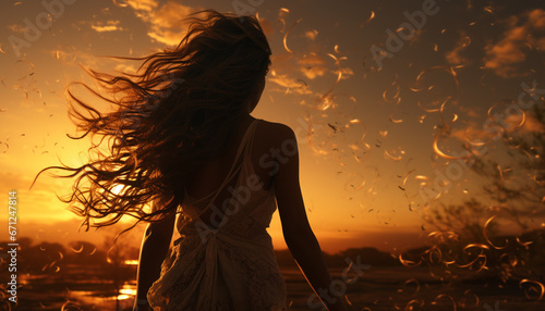 A joyful young woman dances in the sunset, embracing freedom generated by AI