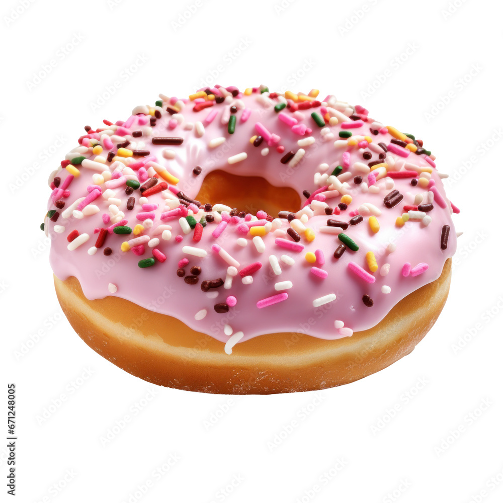 a donut decorated with pink icing with sprinkles, isolated