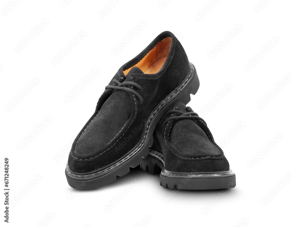 Black suede shoes with laces isolated on a transparent background