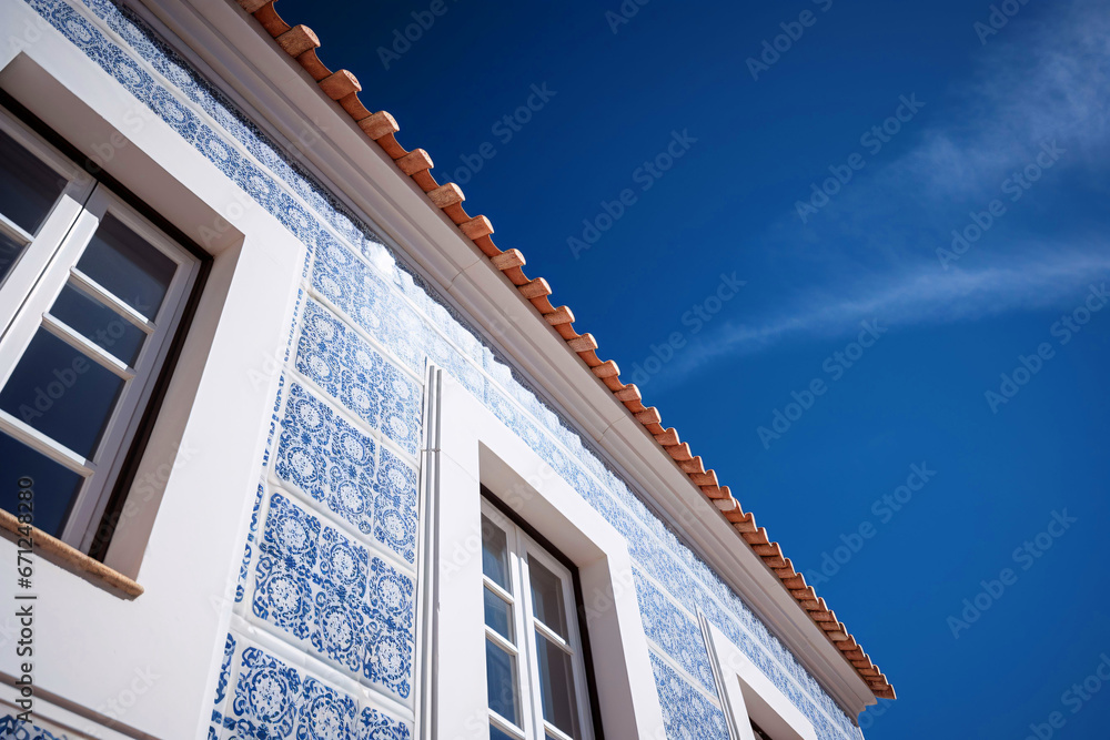 Fassade eines Hauses in Portugal, Lissabon, blauer Himmel, Azulejo-Kacheln und Sprossenfenster, Generative AI, KI