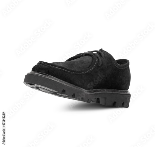 Black suede shoes with laces isolated on a transparent background