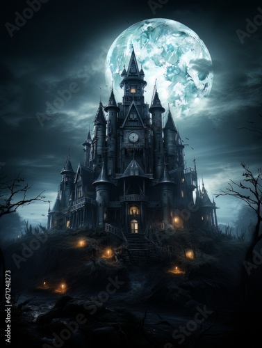 Fairytale haunted house on hill on night with full moon. AI