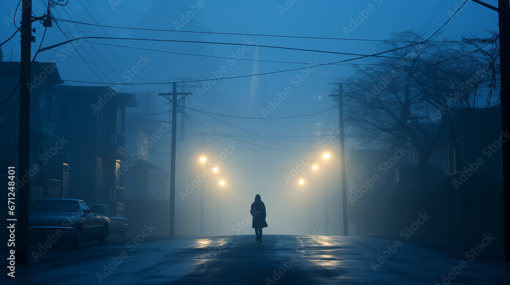 A lonely figure walking down a foggy street on A lonely figure walking down a foggy street on