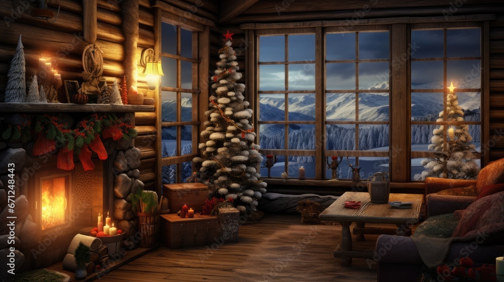  a living room decorated for christmas with a christmas tree in the corner of the room and a fire place in the corner of the room.  generative ai