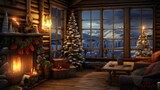  a living room decorated for christmas with a christmas tree in the corner of the room and a fire place in the corner of the room.  generative ai