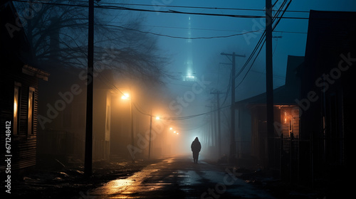 A lonely figure walking down a foggy street on  Blue Monday 