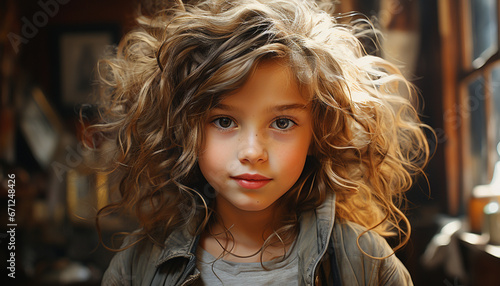 Smiling girl with curly hair, cute and confident, indoors portrait generated by AI