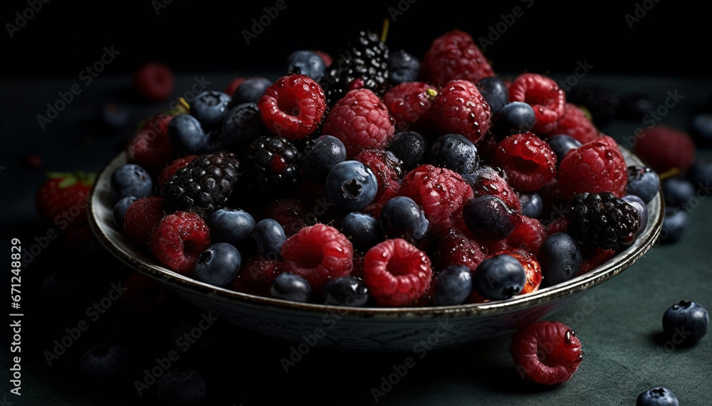 Fresh organic berry bowl blueberry, raspberry, and strawberry gourmet dessert generated by AI Fresh organic berry bowl blueberry, raspberry, and strawberry gourmet dessert generated by AI
