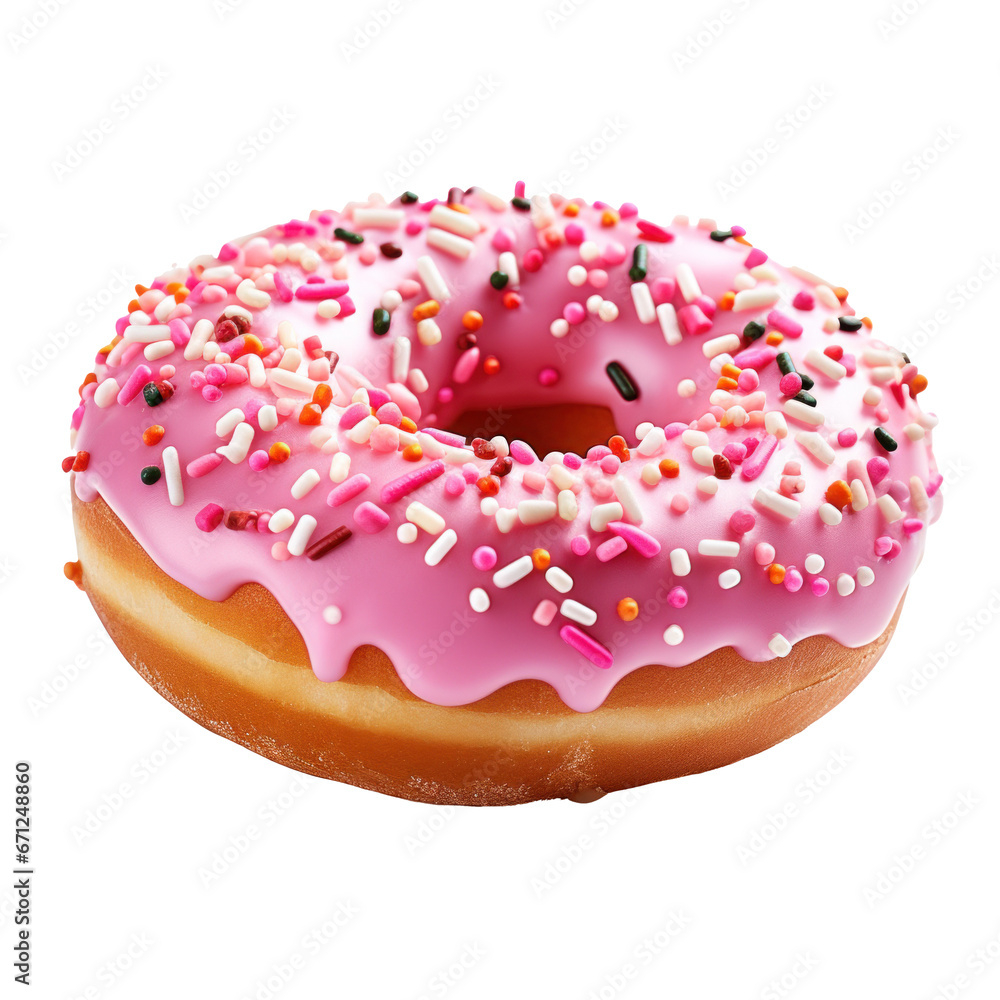 a donut decorated with pink icing with sprinkles, isolated