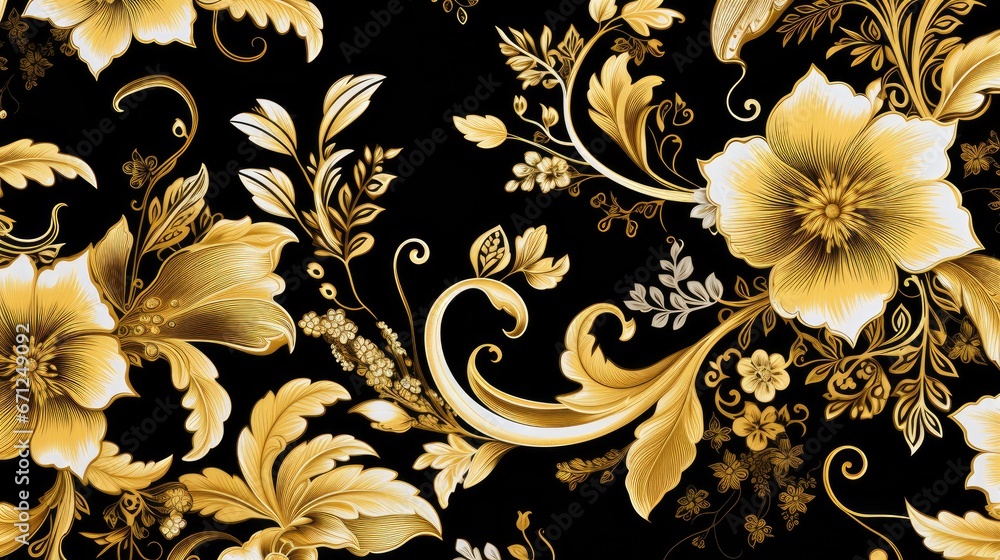 a black and gold floral wallpaper with white and yellow flowers on a