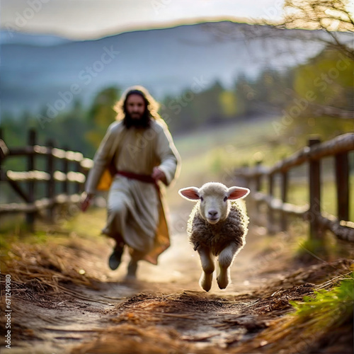 Jesus running after a lost sheep, religious concept