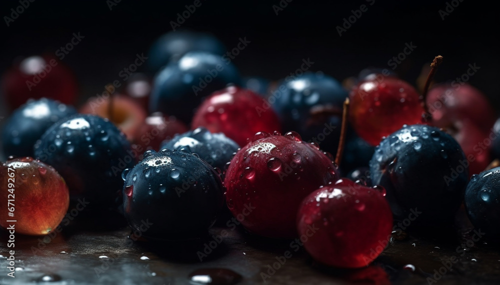 Juicy blueberries and raspberries, a refreshing snack in autumn rain generated by AI Juicy blueberries and raspberries, a refreshing snack in autumn rain generated by AI