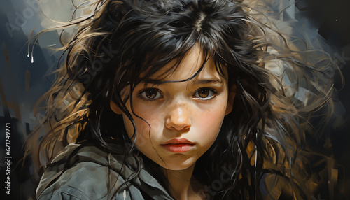 Beautiful child with wet brown hair looking at camera, innocence captured generated by AI