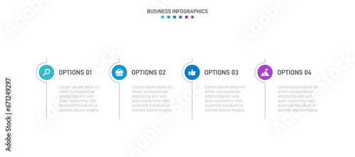 Timeline infographic with infochart. Modern presentation template with 4 spets for business process. Website template on white background for concept modern design. Horizontal layout.