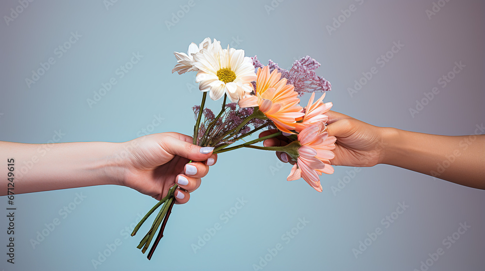 Female hand giving bouquet of flowers to male hand on blue background - obrazy, fototapety, plakaty 