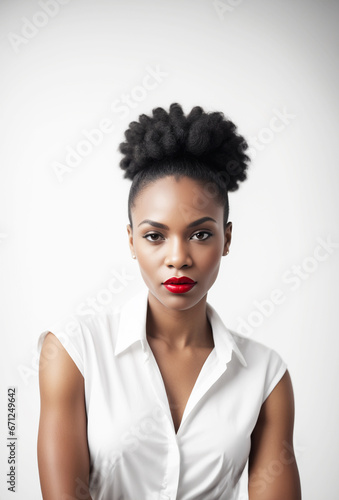 ritratto primo piano high key di volto di giovane donna, labbra con rossetto rosso acceso, sfondo bianco, capelli scuri raccolti