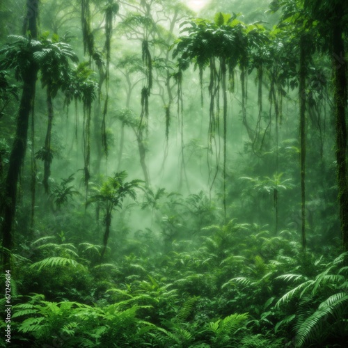 green forest in the morning foggy