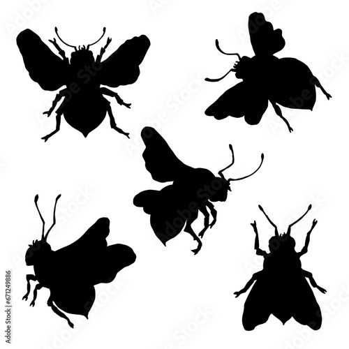 Set of silhouettes of winged insects, honey bees.Vector graphics.
