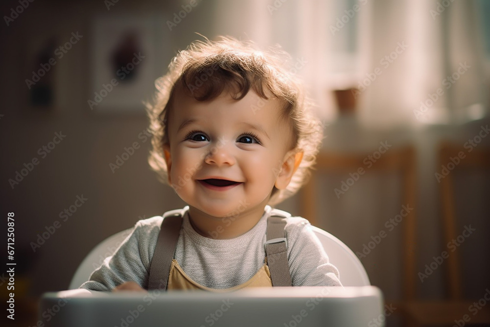 Happy baby toddler child sitting in chair, feeding baby Happy baby toddler child sitting in chair, feeding baby