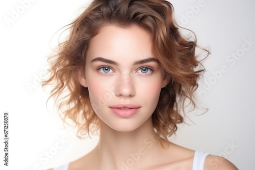 Young charming woman on a light background. Natural makeup. Natural beauty.