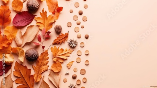 Autumn composition Pattern made of dried leaves and other design accessories on table Flat lay top view 