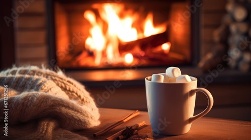 A cup of hot chocolate next to a fireplace. Generative AI.