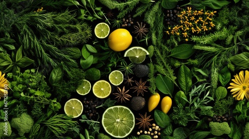  a green background with lemons  limes  blackberries  pineapples  and other greenery.  generative ai