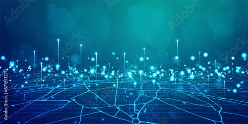 Digital technology internet network speed connection blue green background, cyber nano information, abstract communication, innovation future tech data, Ai big data lines dots, illustration vector 3d