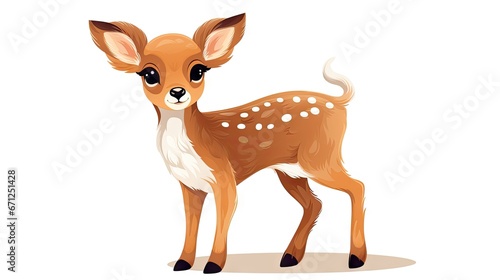  a small deer standing on top of a white floor next to a green leaf covered tree trunk in front of a white background.  generative ai