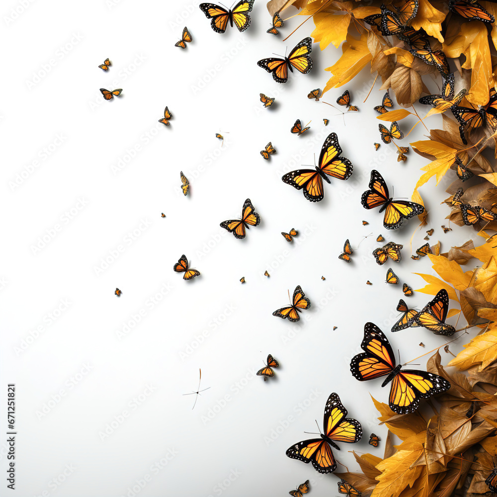 Fototapeta premium A group of colorful butterflies flying on the corner white isolated cutout. Decorative element border.