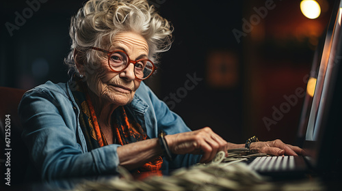 caucasian senior woman sitzt indoor an einem tisch auf dem a lot of banknotes lying photo